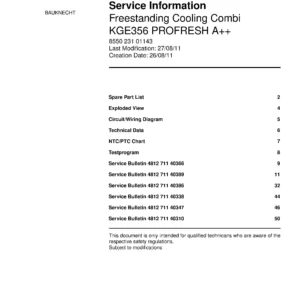 Bauknecht kge356 profresh a service manual cover with model code, manual contents and publication date