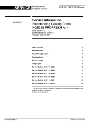 Bauknecht kge356 profresh a service manual cover with model code, manual contents and publication date