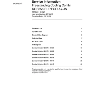 Bauknecht kge356 sup.eco ain service manual cover with model code, manual contents and publication date