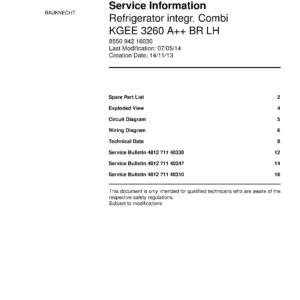 Bauknecht kgee 3260 a br lh service manual cover with model code, manual contents and publication date
