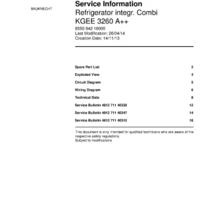 Bauknecht kgee 3260 a service manual cover with model code, manual contents and publication date
