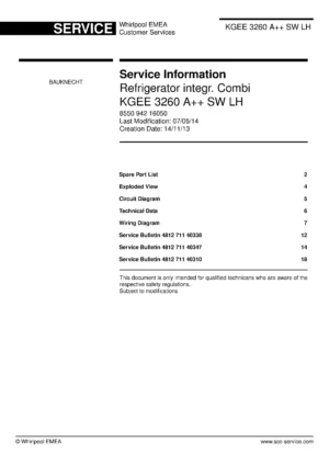 Bauknecht kgee 3260 a sw lh service manual cover with model code, manual contents and publication date