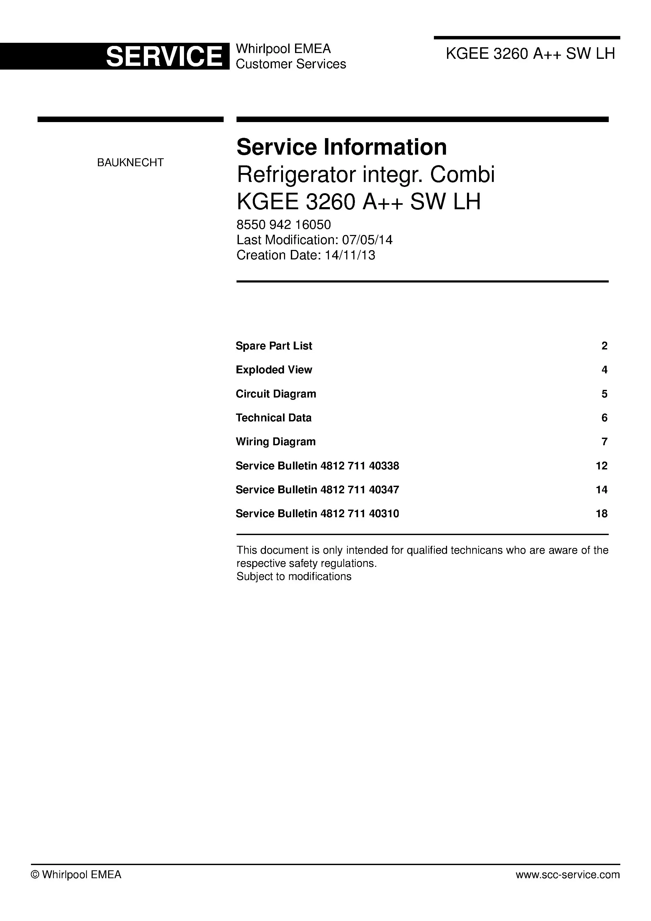 Bauknecht kgee 3260 a sw lh service manual cover with model code, manual contents and publication date