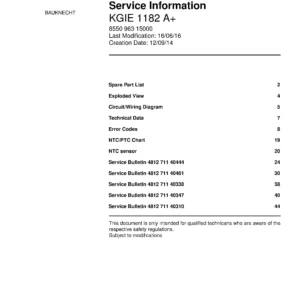 Bauknecht kgie 1182 a service manual cover with model code, manual contents and publication date