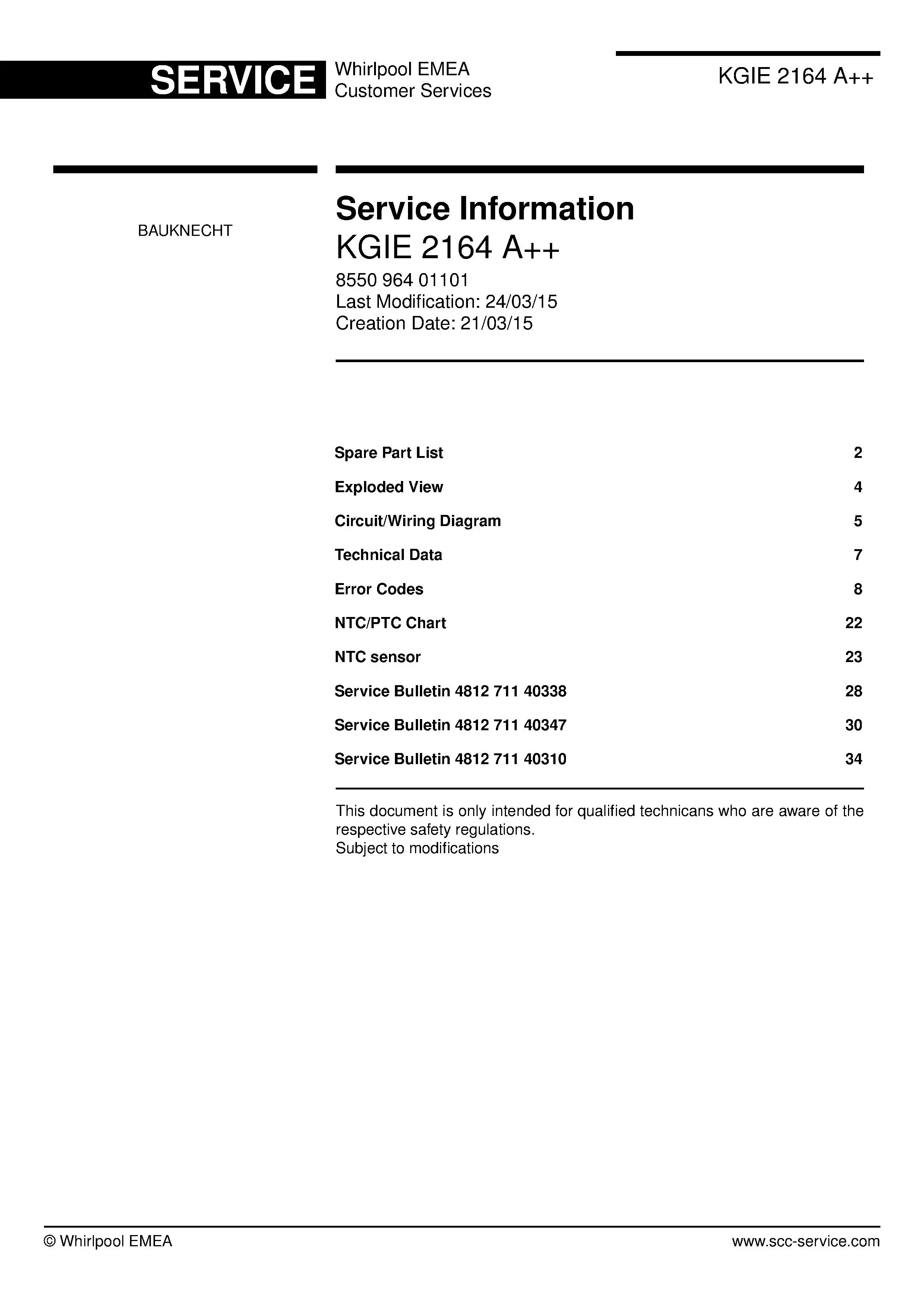 Bauknecht kgie 2164 a service manual cover with model code, manual contents and publication date