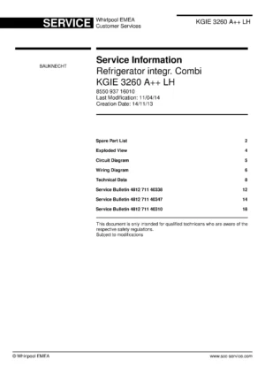 Bauknecht kgie 3260 a lh service manual cover with model code, manual contents and publication date