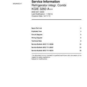 Bauknecht kgie 3260 a service manual cover with model code, manual contents and publication date