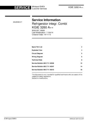 Bauknecht kgie 3260 a service manual cover with model code, manual contents and publication date
