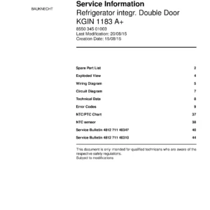 Bauknecht kgin 1183 a service manual cover with model code, manual contents and publication date