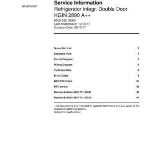 Bauknecht kgin 2890 a service manual cover with model code, manual contents and publication date