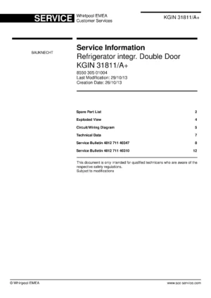 Bauknecht kgin 31811 a service manual cover with model code, manual contents and publication date