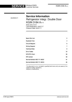 Bauknecht kgin 3184 a service manual cover with model code, manual contents and publication date