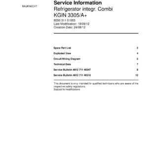 Bauknecht kgin 3305 a service manual cover with model code, manual contents and publication date