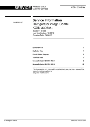 Bauknecht kgin 3305 a service manual cover with model code, manual contents and publication date