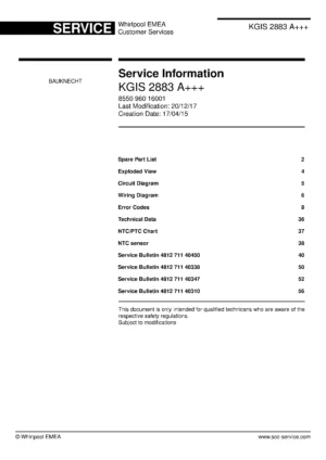 Bauknecht kgis 2883 a service manual cover with model code, manual contents and publication date