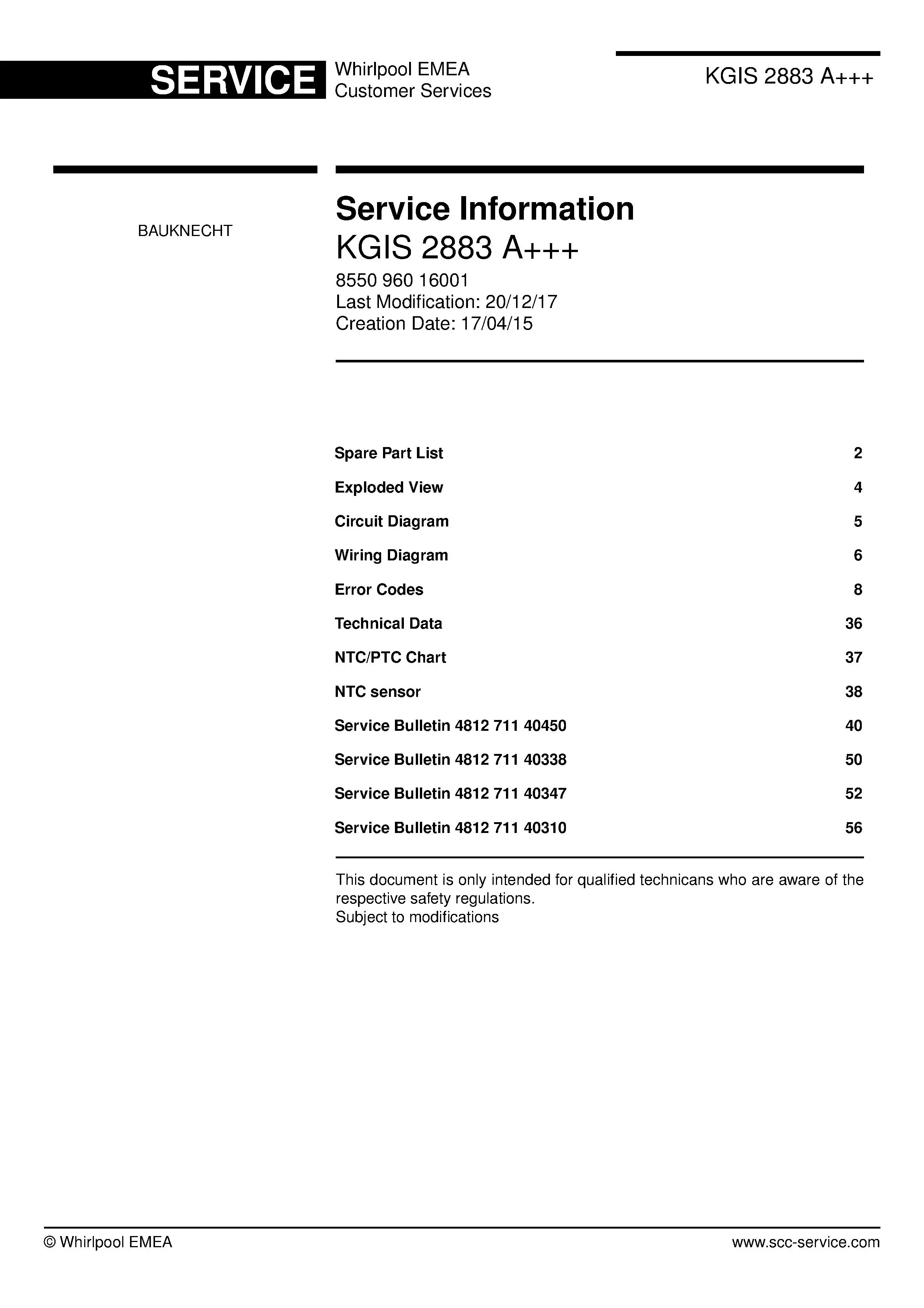 Bauknecht kgis 2883 a service manual cover with model code, manual contents and publication date