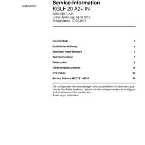 Bauknecht kglf 20 a2 in deutsch service manual cover with model code, manual contents and publication date