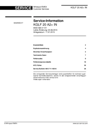 Bauknecht kglf 20 a2 in deutsch service manual cover with model code, manual contents and publication date
