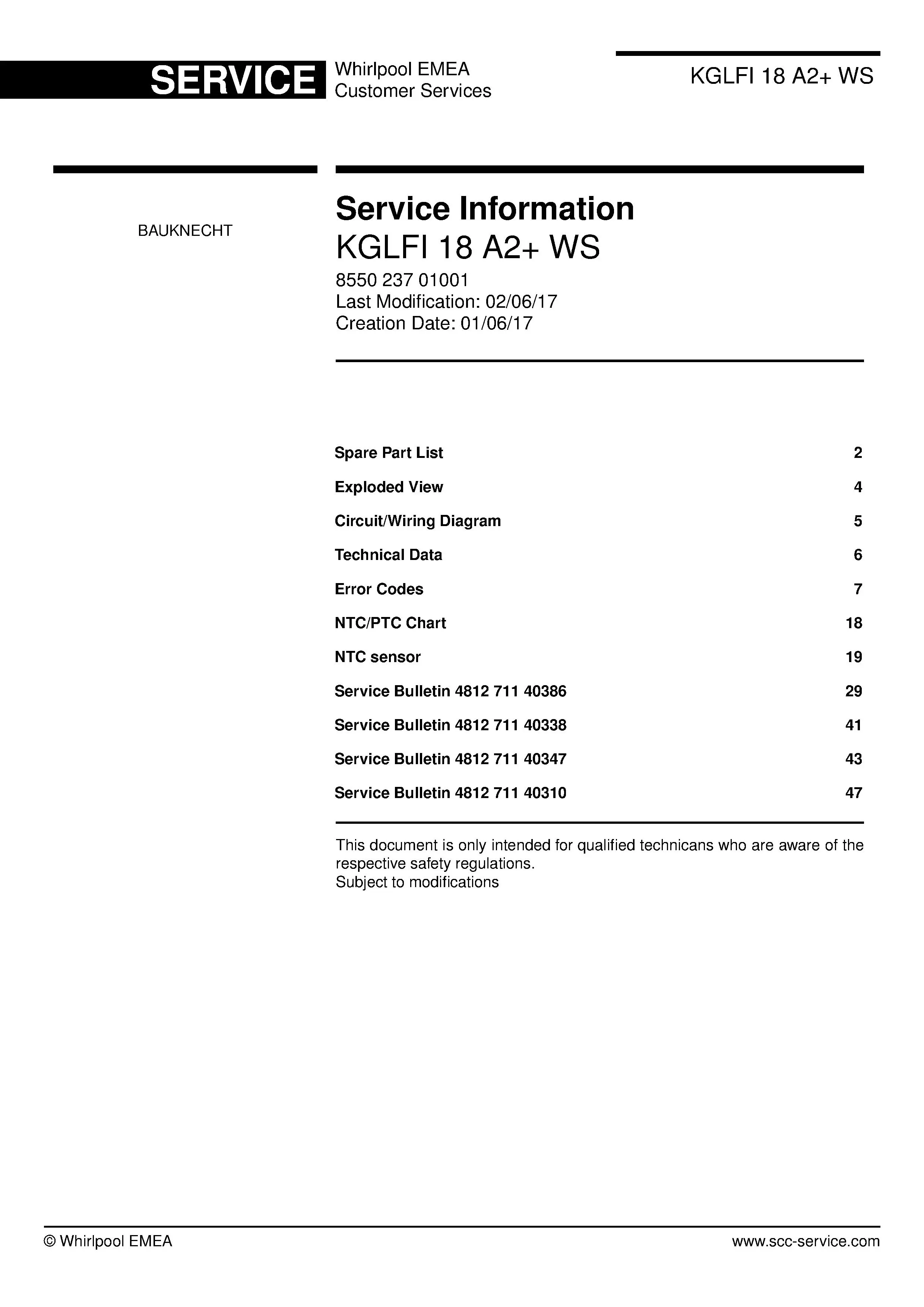 Bauknecht kglfi 18 a2 ws service manual cover with model code, manual contents and publication date