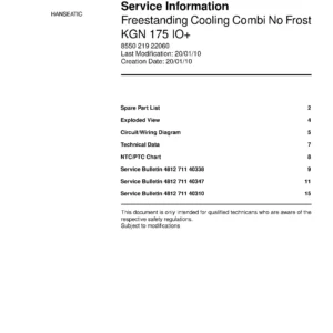 Bauknecht kgn 175 io service manual cover with model code, manual contents and publication date