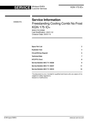 Bauknecht kgn 175 io service manual cover with model code, manual contents and publication date