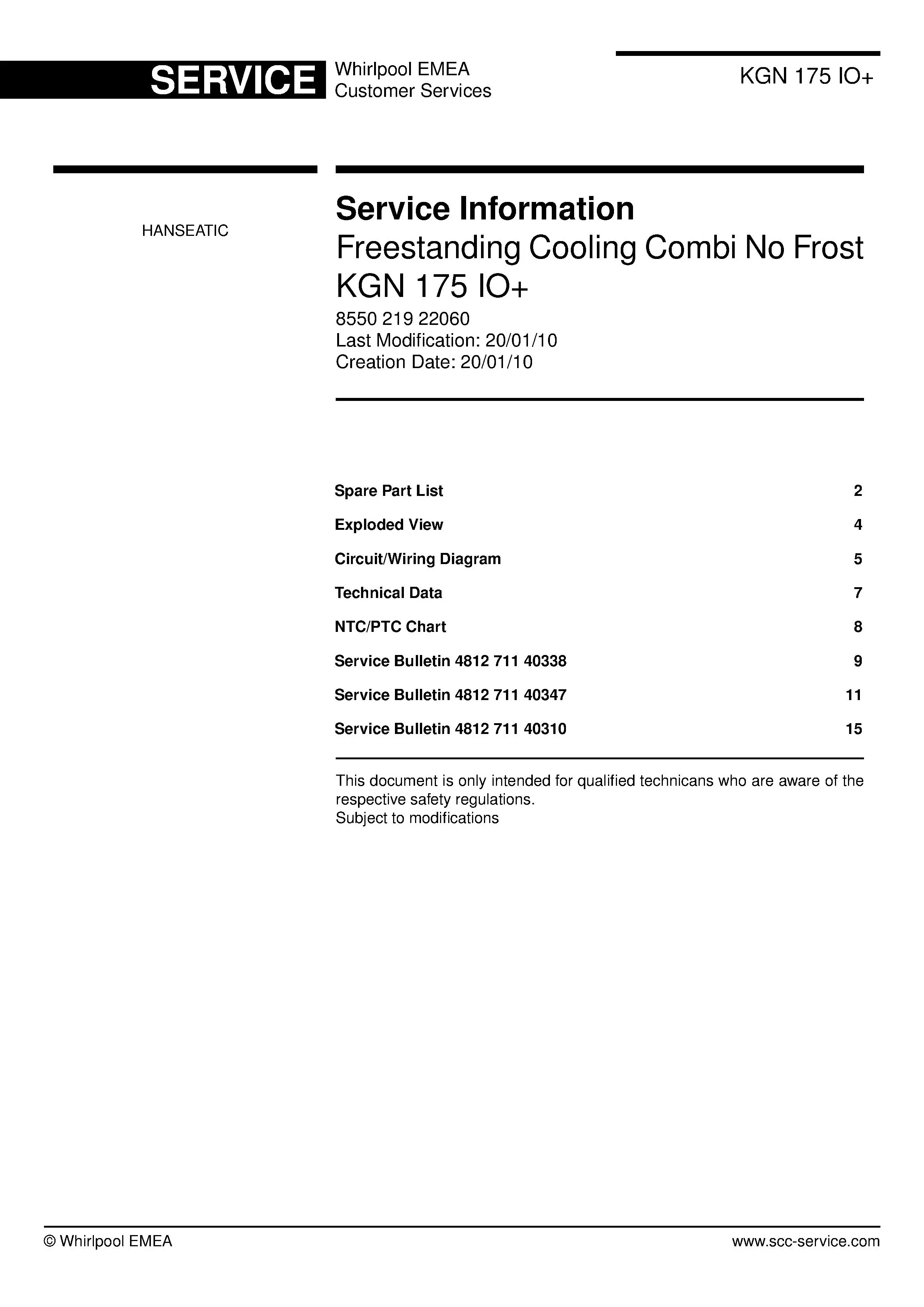Bauknecht kgn 175 io service manual cover with model code, manual contents and publication date