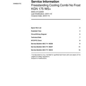 Bauknecht kgn 175 ws service manual cover with model code, manual contents and publication date