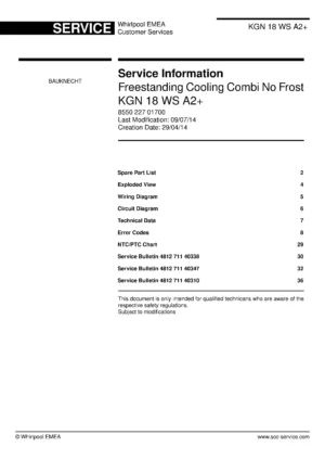 Bauknecht kgn 18 ws a2 service manual cover with model code, manual contents and publication date