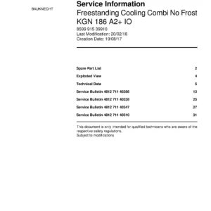 Bauknecht kgn 186 a2 io service manual cover with model code, manual contents and publication date