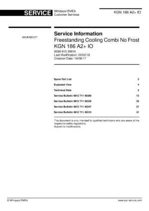 Bauknecht kgn 186 a2 io service manual cover with model code, manual contents and publication date