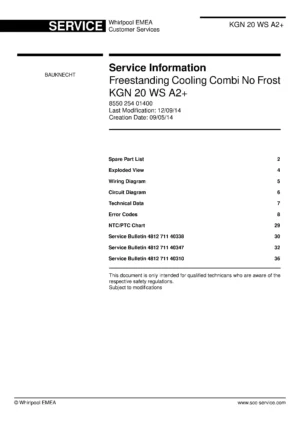 Bauknecht kgn 20 ws a2 service manual cover with model code, manual contents and publication date