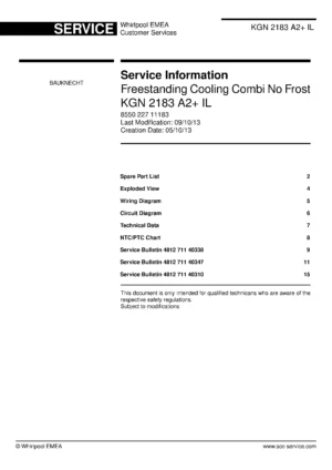 Bauknecht kgn 2183 a2 il service manual cover with model code, manual contents and publication date