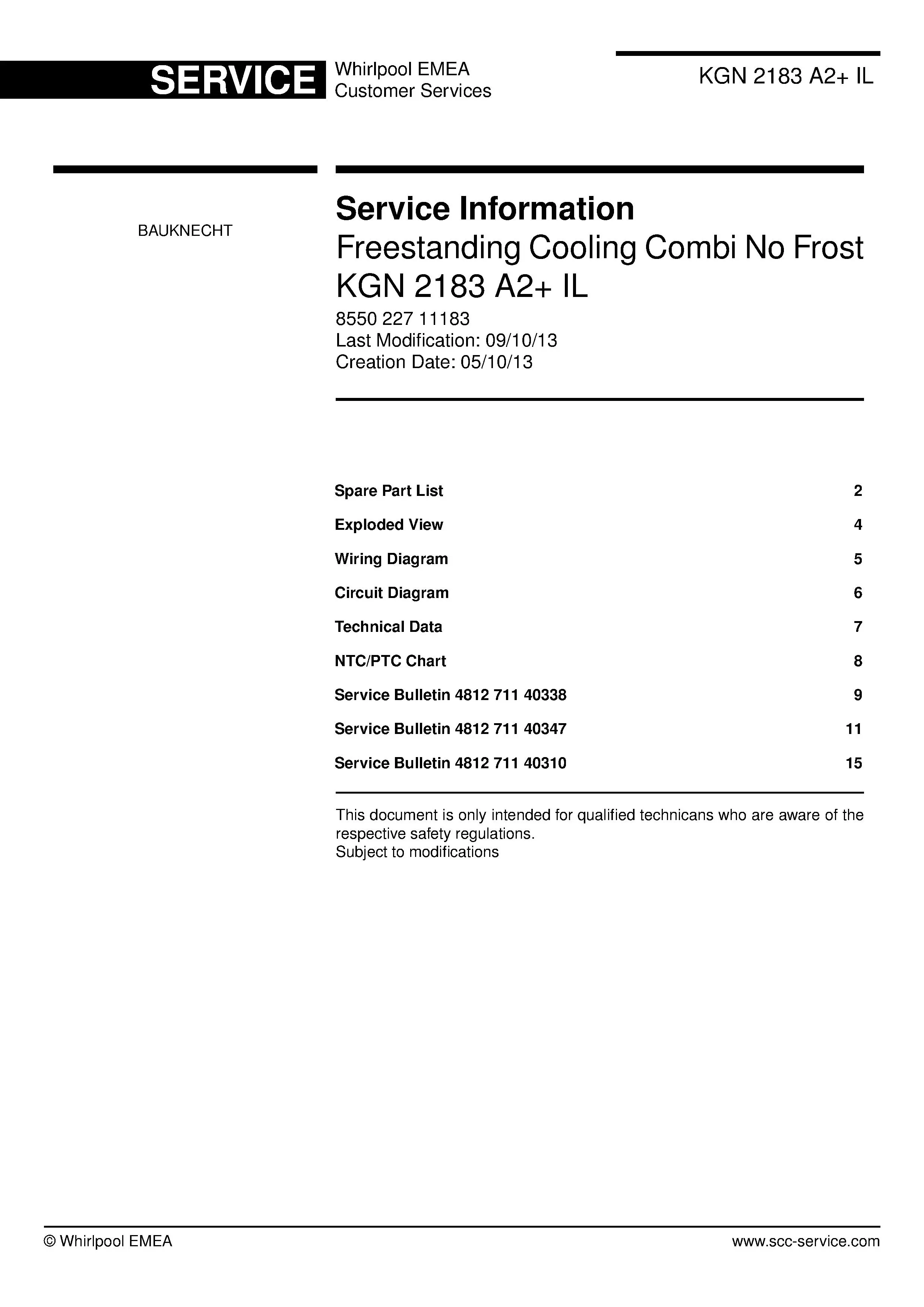 Bauknecht kgn 2183 a2 il service manual cover with model code, manual contents and publication date