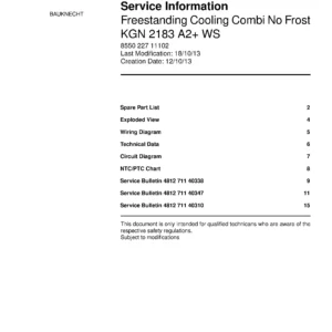 Bauknecht kgn 2183 a2 ws service manual cover with model code, manual contents and publication date