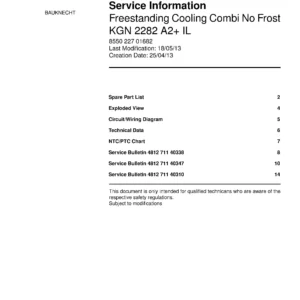 Bauknecht kgn 2282 a2 il service manual cover with model code, manual contents and publication date