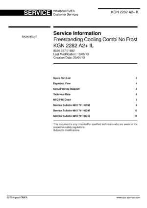 Bauknecht kgn 2282 a2 il service manual cover with model code, manual contents and publication date
