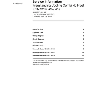Bauknecht kgn 2282 a2 ws service manual cover with model code, manual contents and publication date