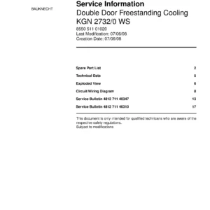 Bauknecht kgn 2732 0 ws service manual cover with model code, manual contents and publication date