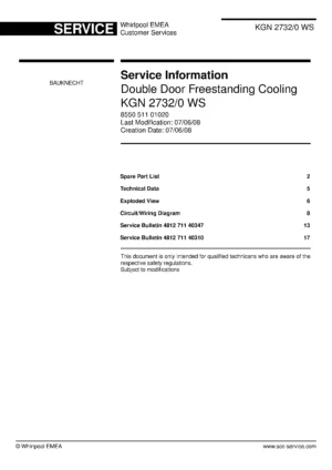 Bauknecht kgn 2732 0 ws service manual cover with model code, manual contents and publication date