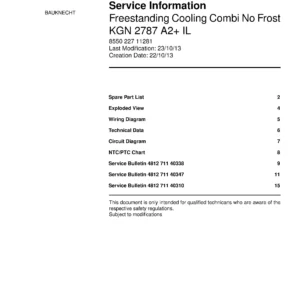 Bauknecht kgn 2787 a2 il service manual cover with model code, manual contents and publication date