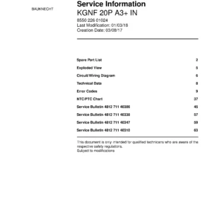 Bauknecht kgnf 20p a3 in service manual cover with model code, manual contents and publication date