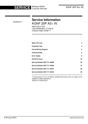 Bauknecht kgnf 20p a3 in service manual cover with model code, manual contents and publication date