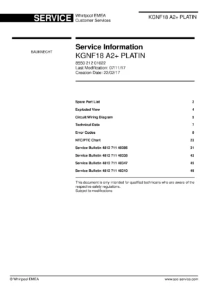 Bauknecht kgnf18 a2 platin service manual cover with model code, manual contents and publication date