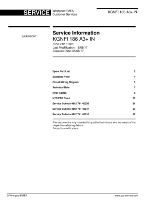 Bauknecht kgnfi 186 a3 in service manual cover with model code, manual contents and publication date