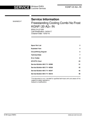 Bauknecht kgnfi 20 a2 in service manual cover with model code, manual contents and publication date