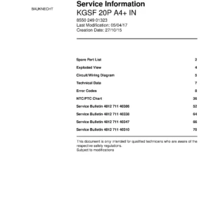 Bauknecht kgsf 20p a4 in service manual cover with model code, manual contents and publication date