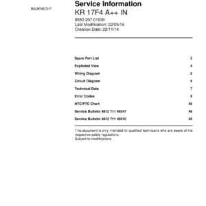 Bauknecht kr 17f4 a in service manual cover with model code, manual contents and publication date