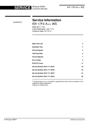 Bauknecht kr 17f4 a ws service manual cover with model code, manual contents and publication date