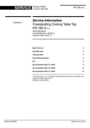 Bauknecht kr 185 a service manual cover with model code, manual contents and publication date