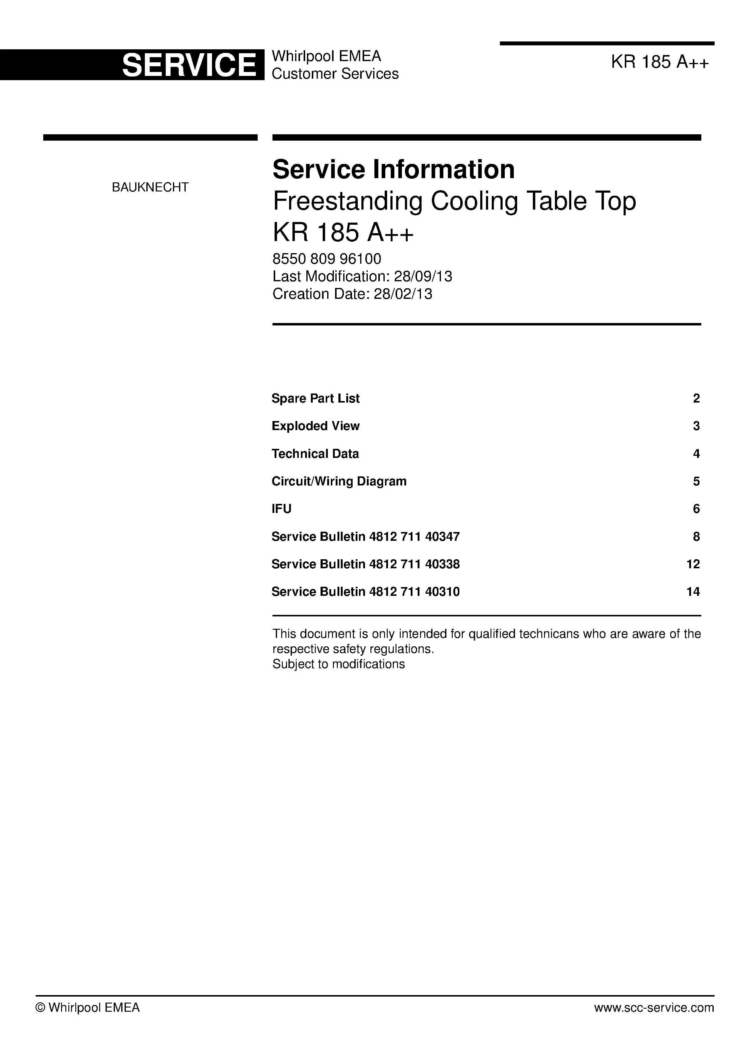 Bauknecht kr 185 a service manual cover with model code, manual contents and publication date